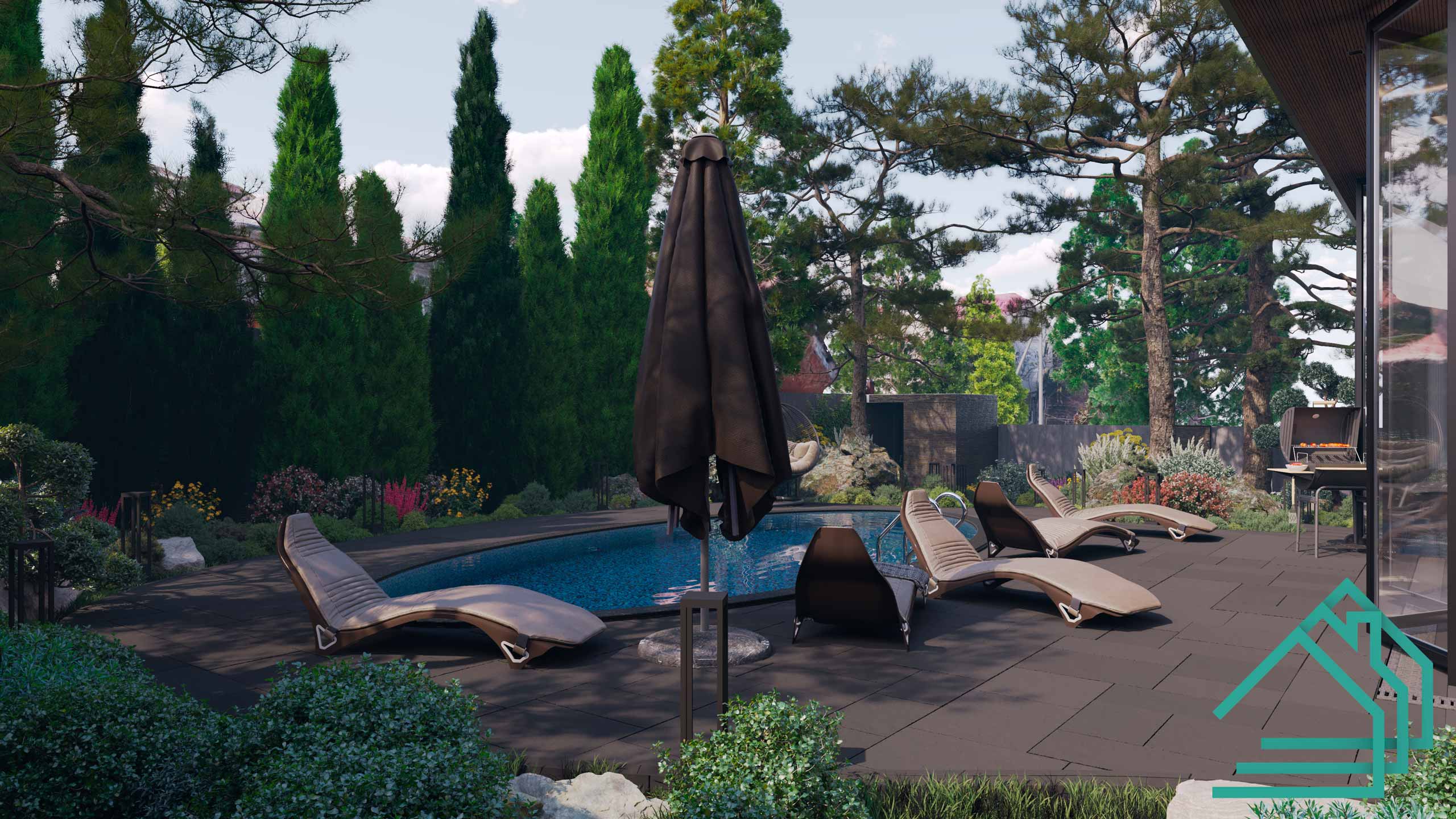 Зона отдыха у бассейна, ландшафтный дизайн летней площадки